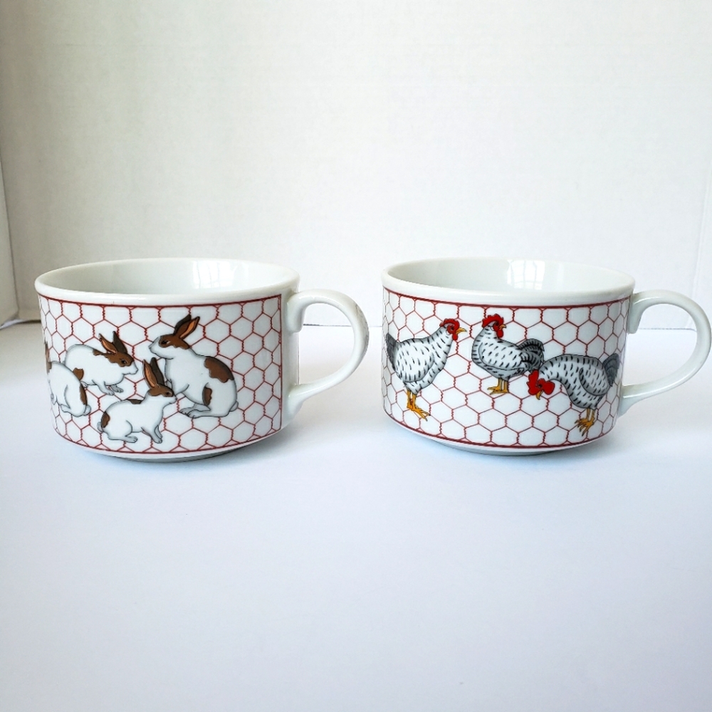 Vintage Takahashi San Francisco Wide Bunny Rabbit & Chicken Ceramic Soup Mug Cup